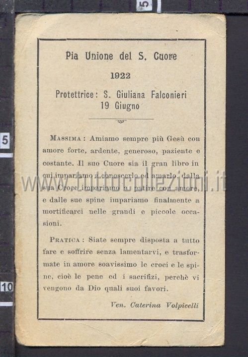  - X2422 PIA UNIONE DEL S. CUORE 19 GIUGNO 1922 S. GIULIANA FALCONIERI Santino Holy Card